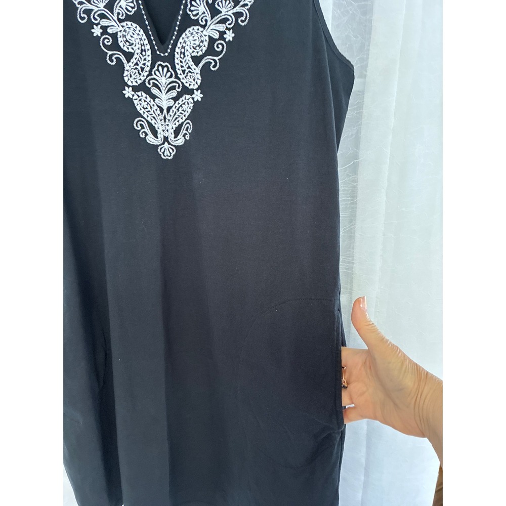Lands End Womens Black Cotton Embroidered Split Neck Sleeveless Shift Dress L - Picture 5 of 7